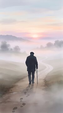 Elderly man walking with cane through morning fog on rural path toward sunrise horizon in artistic watercolor style digital illustration depicting aging and life journey