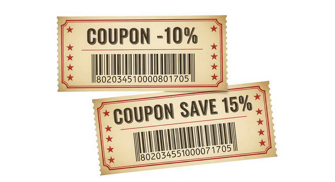 Two coupons with barcode and qr code isolated on transparent background