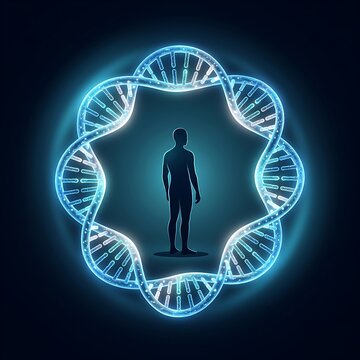 Silhouette of standing person surrounded by glowing blue circular dna helix structure in dark space 3d render
