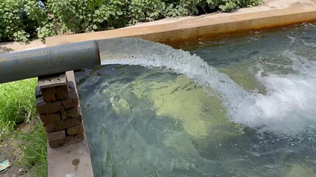 Water rushing from a tubewell irrigation system into a farm pond during daytime