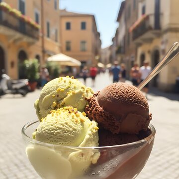 Scoops of pistachio and chocolate gelato in glass bowl served on sunny street of Italian town with blurred historic architecture and walking people in background for travel concept