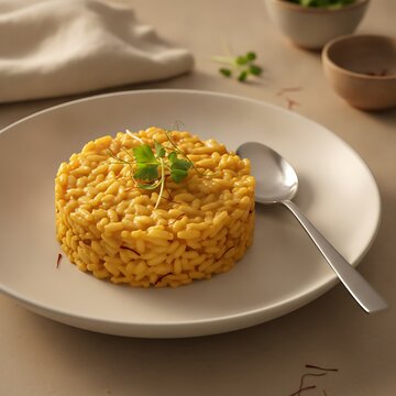 Creamy saffron risotto served on elegant minimalist ceramic plate with fresh parsley garnish and silver spoon on neutral background for high end restaurant menu food photography
