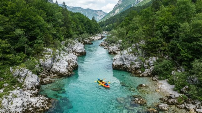 Kayakers navigate a vibrant turquoise river through a lush green mountain valley