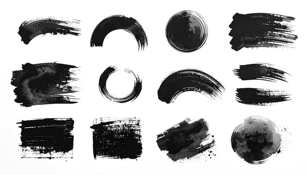 Japanese sumi ink brush stroke set, hand painted black grunge textures, enso circles and paint smears on transparent background