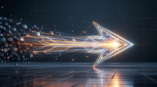 High speed digital data transfer and progress concept with glowing circuit arrow moving forward representing technological momentum