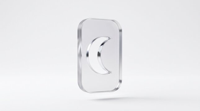Minimalist glass crescent moon icon, a sleek 3D render for modern UI design. Clear transparent glass symbol, elegant sleep mode button, and stylish night theme graphic element.