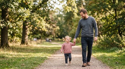 Naklejka premium Father and Toddler Daughter Walking Hand in Hand on a Path Through a Sunlit Forest