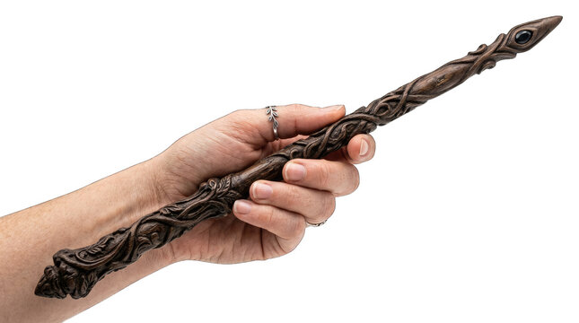 A detailed wooden magic wand held by a hand for a halloween costume isolated on transparent background