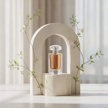 Single luxury perfume bottle placed on a stone arch pedestal decorated with delicate flowering branches in a bright and serene interior for a spa or high end beauty brand advertisement