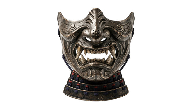 Detailed traditional japanese samurai warrior mask for spooky halloween costume isolated on transparent background