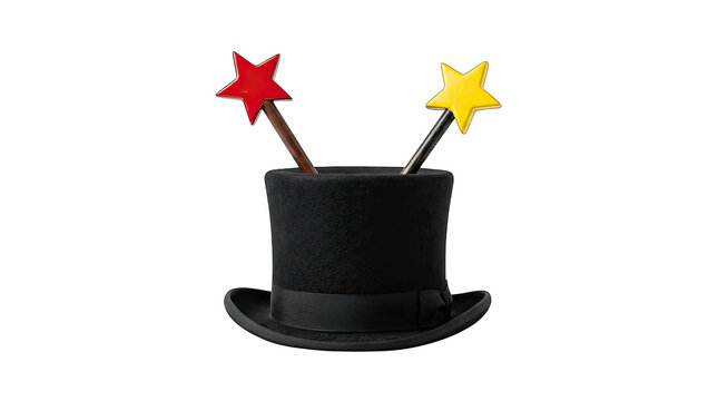 A whimsical illustration of a black top hat with a red and yellow star wand emerging isolated on transparent background