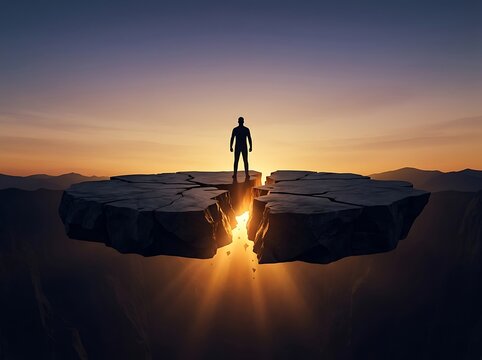 Lone silhouette of person standing on floating cracked rock platform suspended above deep canyon at golden sunset epic cinematic landscape composition