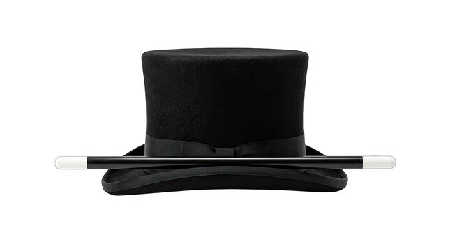 A classic black magician's top hat with a magic wand perfect for halloween designs isolated on transparent background