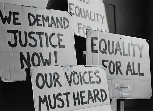 Protest signs with bold black text demanding justice and equality for all held by activists at public rally demonstration social justice movement
