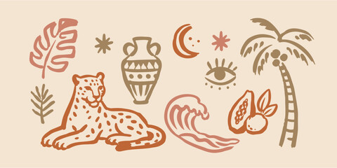 Obraz premium Tropical Leopard and Palm Naive Art Vector Set