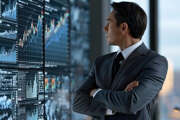 Fototapeta premium Financial trader watching stock market data charts on big digital screens