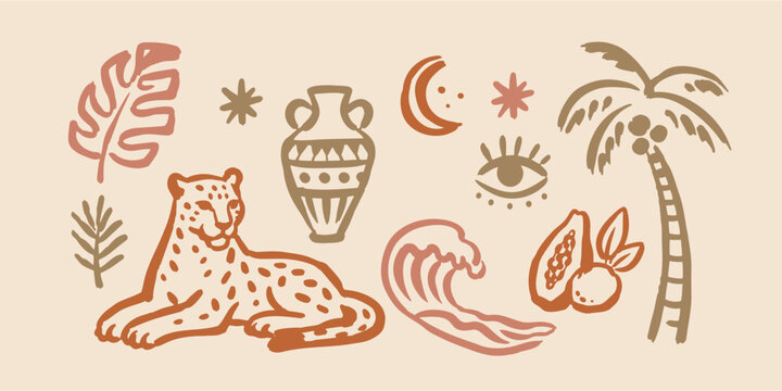 Tropical Leopard and Palm Naive Art Vector Set
