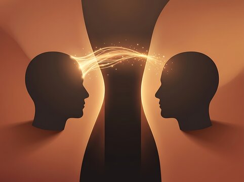 Two human head silhouettes facing each other with glowing energy connection between them symbolizing communication and transfer of ideas 3d render
