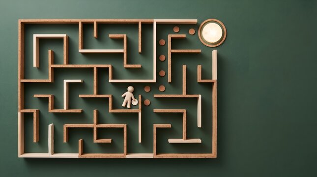 Strategic problem solving showing wooden figurine navigating complex maze towards bright glowing lightbulb solution