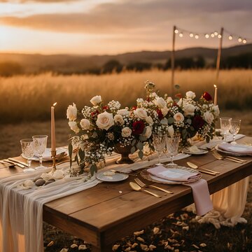 Elegant wedding table setting with romantic floral centerpiece candles and fine crystal glassware on wooden table in golden hour sunset meadow for outdoor reception