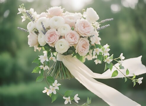 Delicate bridal bouquet featuring soft pink roses ranunculus and white jasmine flowers with long flowing silk ribbons held against blurred garden background