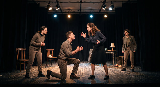 Dramatic performance unfolds as emotions rise on a dimly lit stage