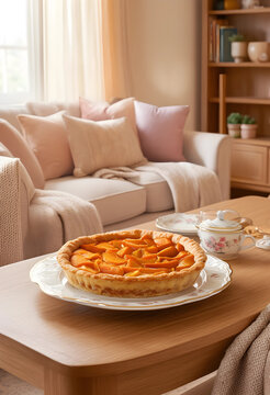 Freshly baked apricot tart on a decorative plate with a cozy living room background, dessert and home baking