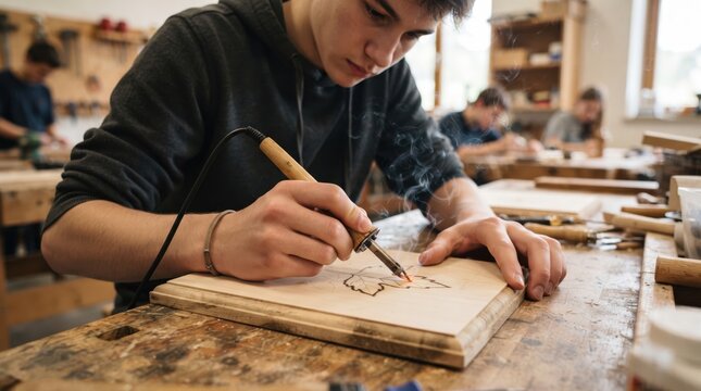 Young man artisan using wood burning tool to engrave leaf pattern on timber board. Professional craft workshop with student learning pyrography art. Creative hobby and education.