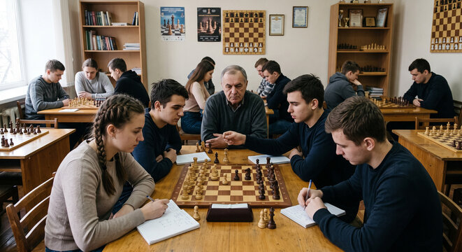 Intense chess match unfolds in a vibrant learning space with eager minds engaged