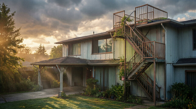 Mid century modern house featuring clerestory windows and a carport at sunset