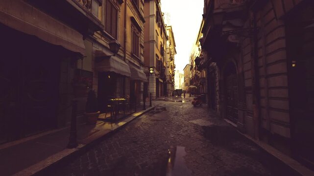 sunset empty cobblestone alley bathed in golden light, narrow passage leading to distant glow, scattered puddles reflecting warm hues, perfect backdrop