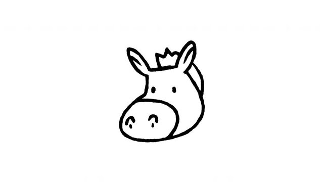 Hand drawn 4K donkey head doodle animation with boiling line motion. Frame by frame outline on black and green screen backgrounds, perfect for farm mule, jackass face, domestic animal edits.