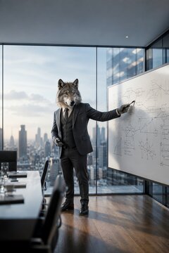 Businessman with Wolf Head Presenting in Modern Office Boardroom