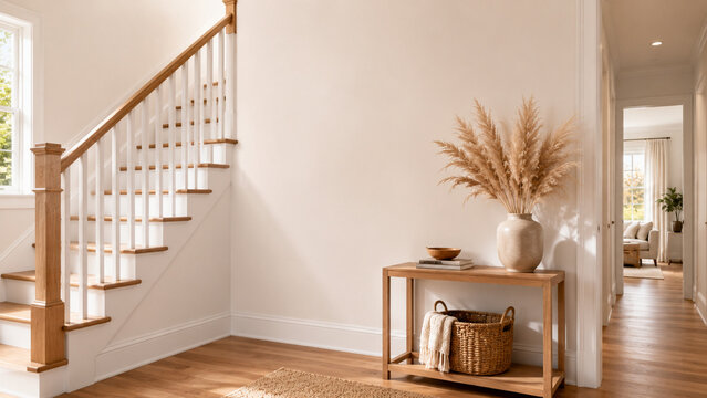 Renovated staircase hallway with autumn decor accents