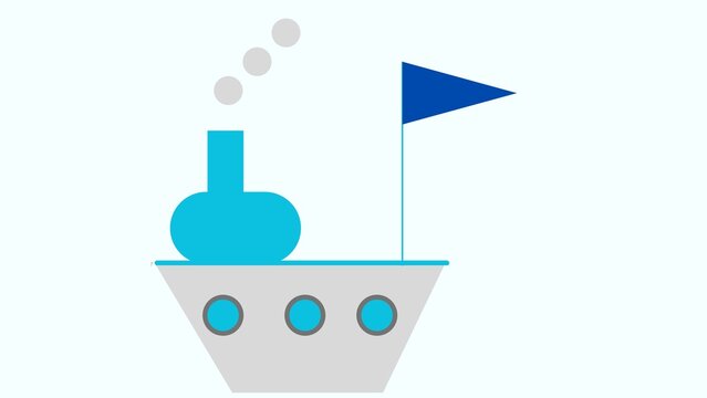 Abstract Minimal Ship Icon with Smoke Stack and Flag on Light Blue Background
