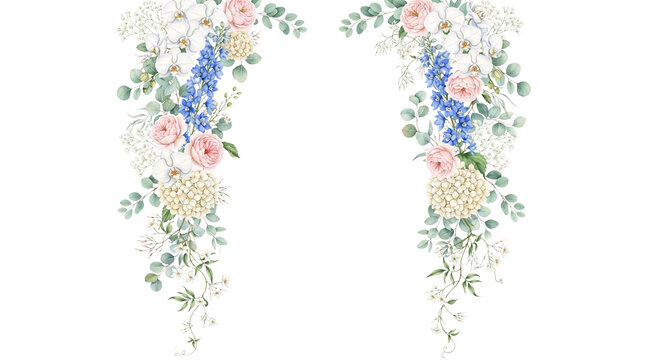 Watercolor floral arch with pastel roses and blue delphinium. Elegant flower border for wedding invitations. Romantic botanical frame.