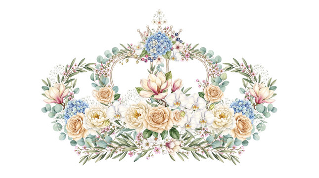 Vintage floral crown illustration, watercolor flower tiara with roses and hydrangeas, elegant botanical princess headpiece for wedding