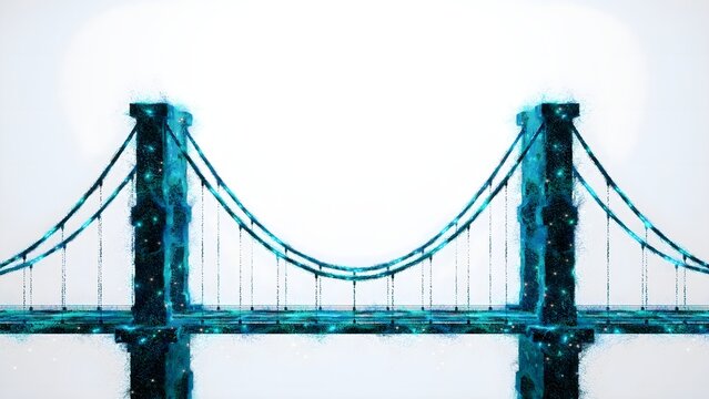 Suspension bridge assembled from glowing digital particles &ndash; Great for tech connectivity, bridging the gap, or modern digital infrastructure concepts.