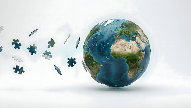 Scattered puzzle pieces morphing into glowing earth globe &ndash; Suitable for global business solutions, international teamwork, or environmental unity themes.