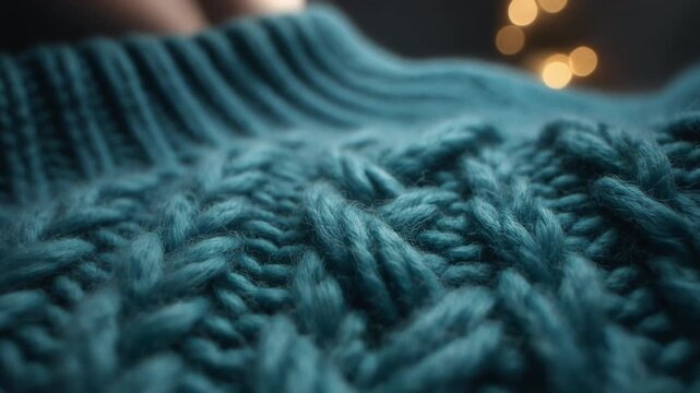 Close-up of teal blue cable-knit wool sweater texture with intricate patterns for cozy winter fashion and textile background