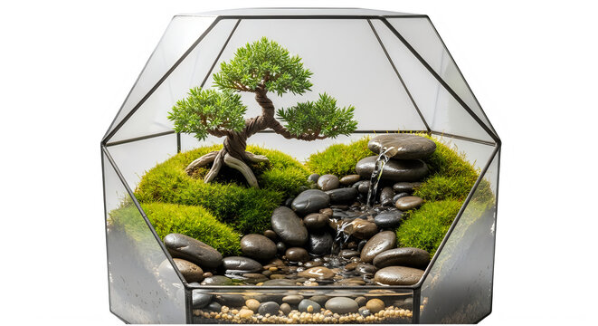 Small glass terrarium with bonsai tree and moss isolated on transparent background, illustration
