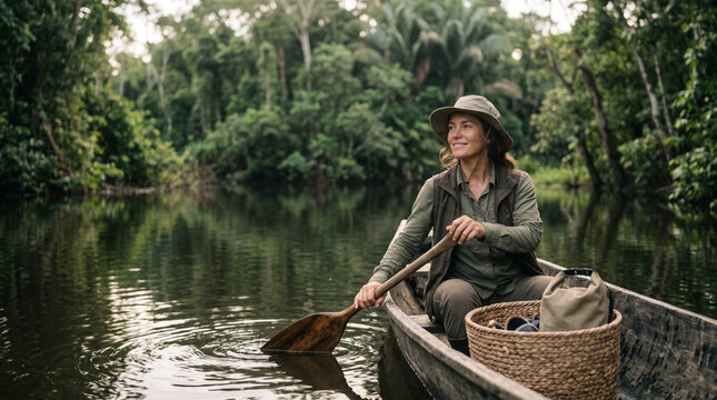 Peaceful canoe journey along a calm Amazon River surrounded by untouched rainforest, reflection on water, adventure, sustainable tourism