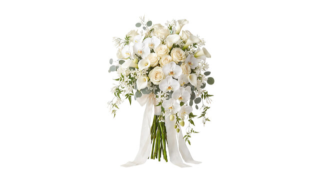 Elegant white wedding bouquet with roses and orchids, bridal flower arrangement with silk ribbons, romantic floral bouquet on white background