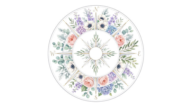 Watercolor floral compass rose, elegant nautical wind rose with pastel flowers, botanical navigation symbol for wedding stationery