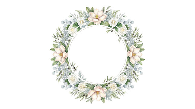 Watercolor floral wreath with white magnolia flowers and green leaves, elegant botanical circle frame, romantic wedding invitation border on white background