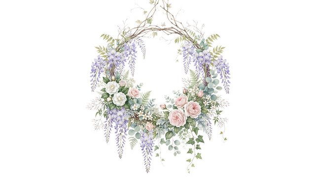 Watercolor floral wreath with wisteria and roses. Elegant pastel flower frame on white background. Romantic botanical border for wedding invitations.
