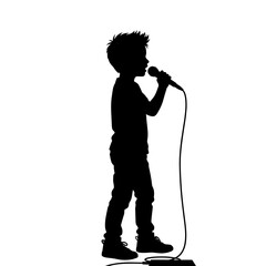 Young Boy Singing with Microphone Silhouette, Child Music Performance and Stage Vector Illustration