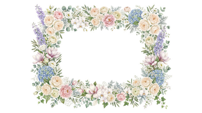 Watercolor floral frame with pastel roses and peonies. Elegant flower border for wedding invitations. Romantic botanical wreath on white background.