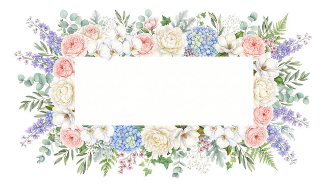 Watercolor floral frame with pastel roses and hydrangea, elegant botanical border for wedding invitations, soft spring flower background