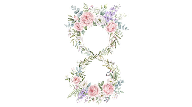 Watercolor floral number eight, elegant pink rose and lavender flower wreath, botanical number 8 for International Women's Day